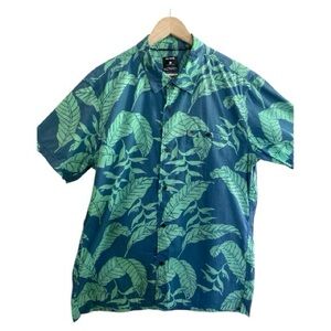 Hurley Blue and Green Leaf Pattern Button Up Shirt XL